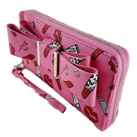 Betsey Johnson Clutch Wallet Zip Around Barbie Pink Lipstick Bow Faux Leather - Picture 5 of 16